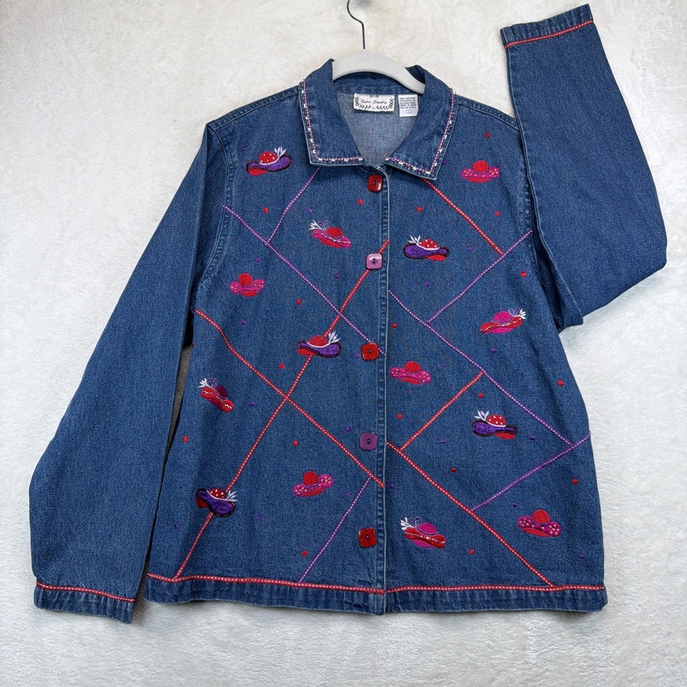 Vintage Sara Studio Womens L Denim Jacket Embroidered Hats Art To Wear 90s
